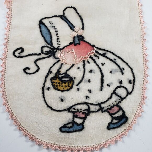 Estate VTG Childs Drawstring Purse Lavender Sachet Hand Embroidered Girl Bonnet - Picture 2 of 7